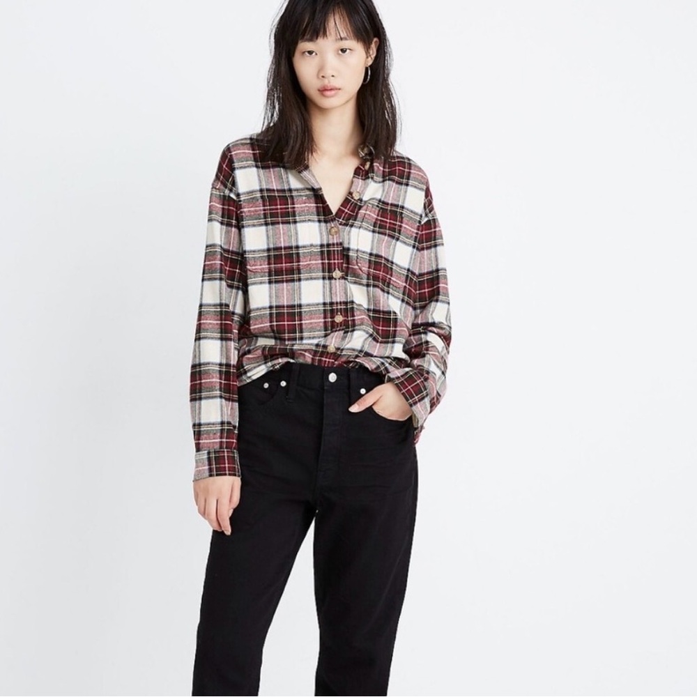 Madewell Plaid Button-Down Shirt in Cream & Burgundy, size S